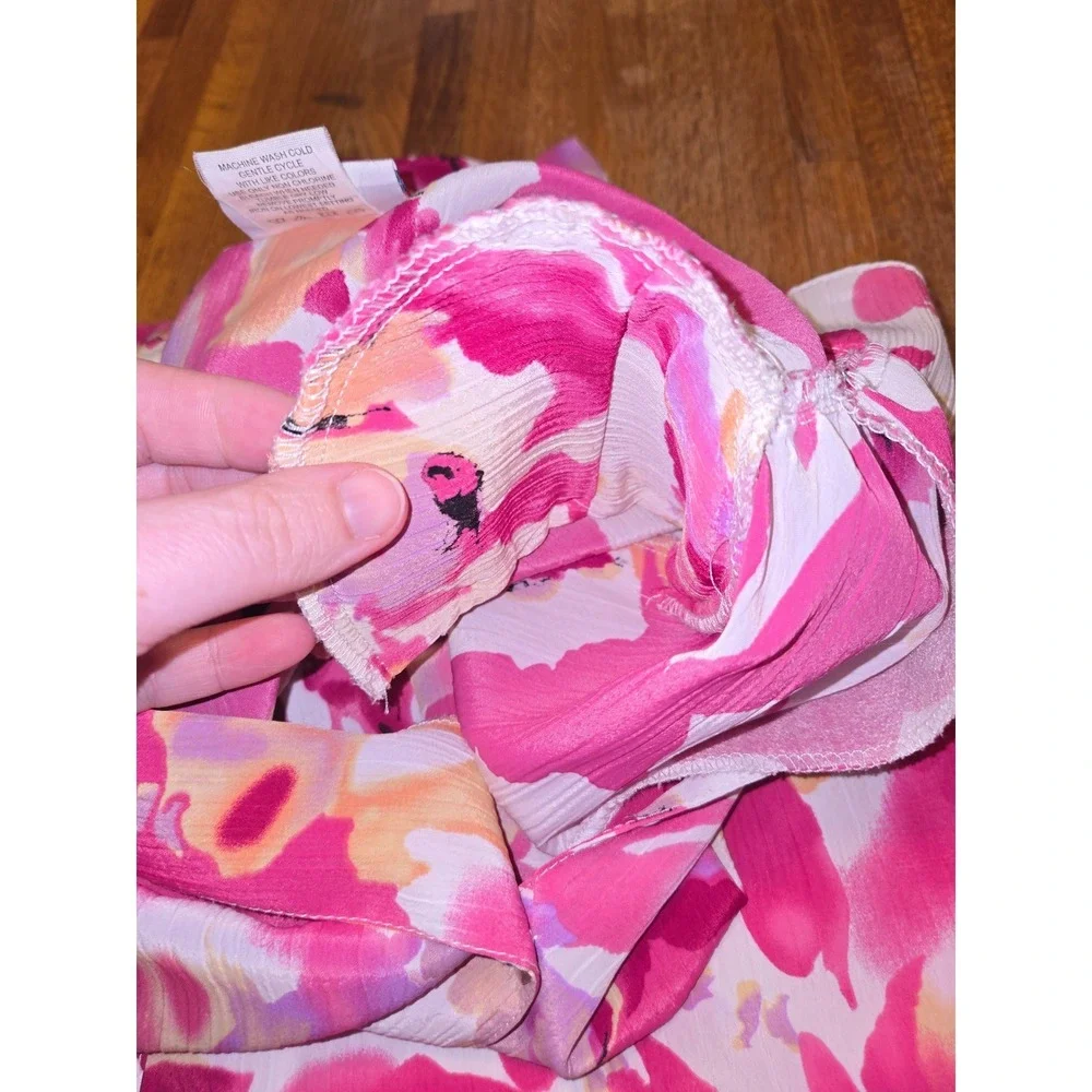 National Women XL Pink Orange Floral Spring Summer Button Down Short Sleeve Top - Picture 8 of 11